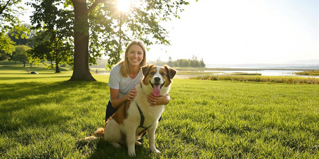 Pet sitter and dog playing in a sunny park.