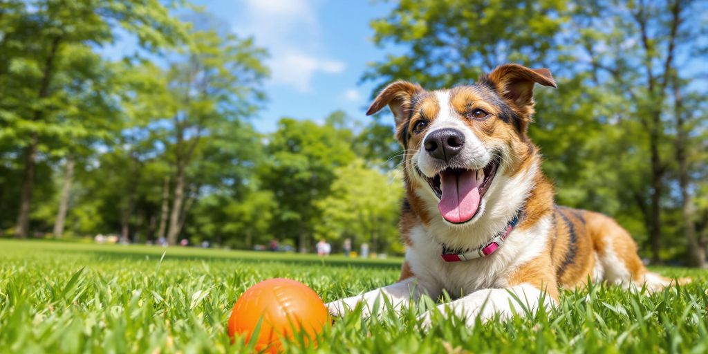 Happy dog playing in a sunny park with a ball.