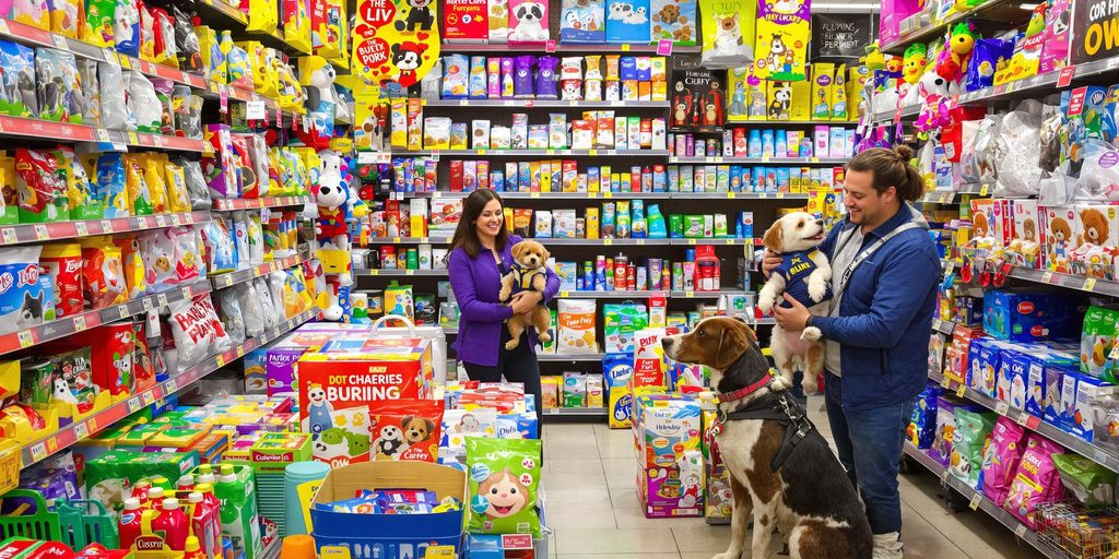 Colorful pet supplies and happy pets in supermarket.