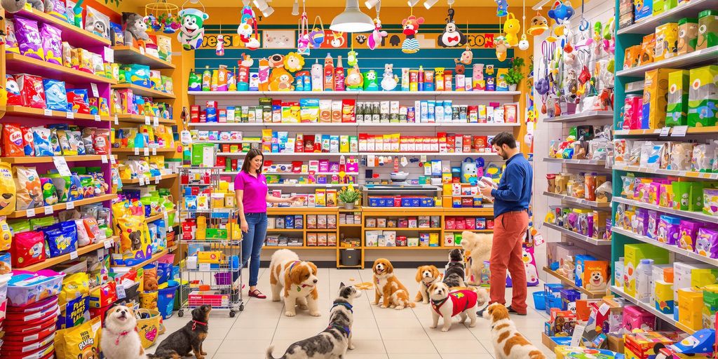 Bright pet shop filled with supplies for dogs and cats.