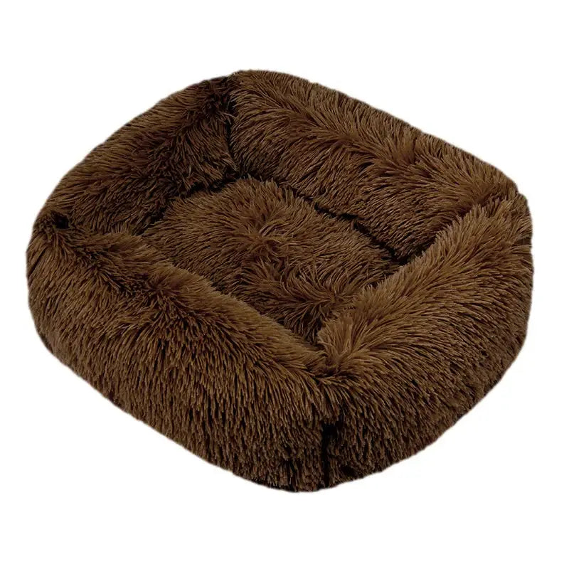 Fluffy brown square pet bed with raised edges.