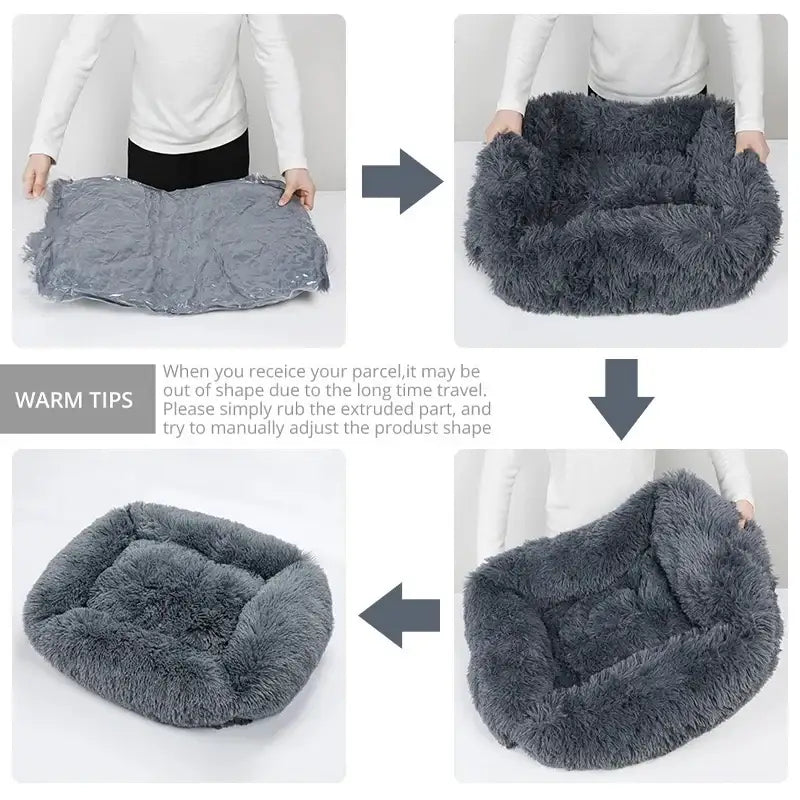 Fluffy gray pet bed with raised sides and a soft, plush interior.