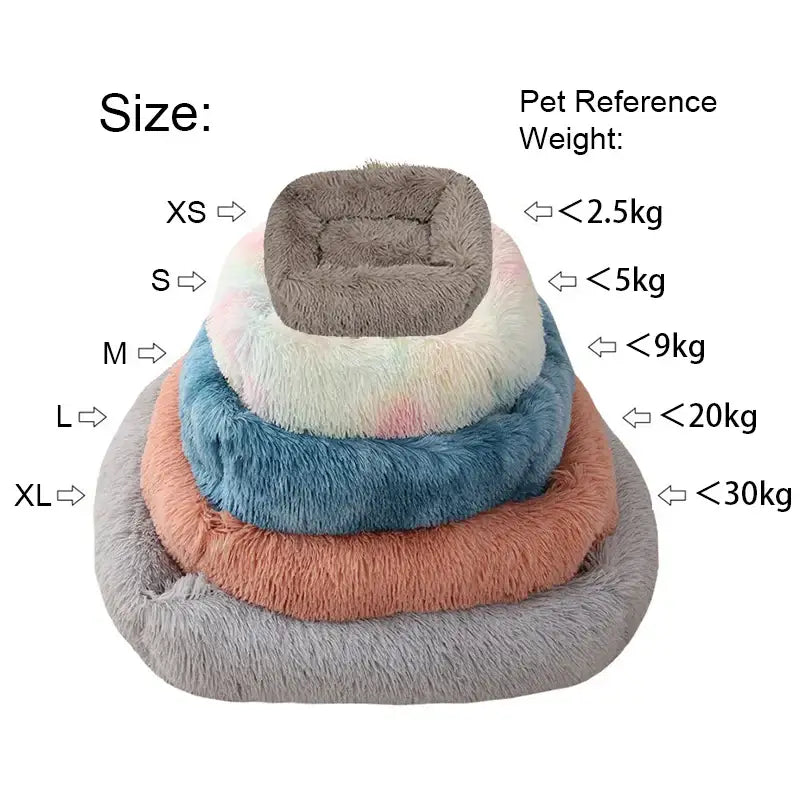 Stackable plush pet beds in various colors and sizes.