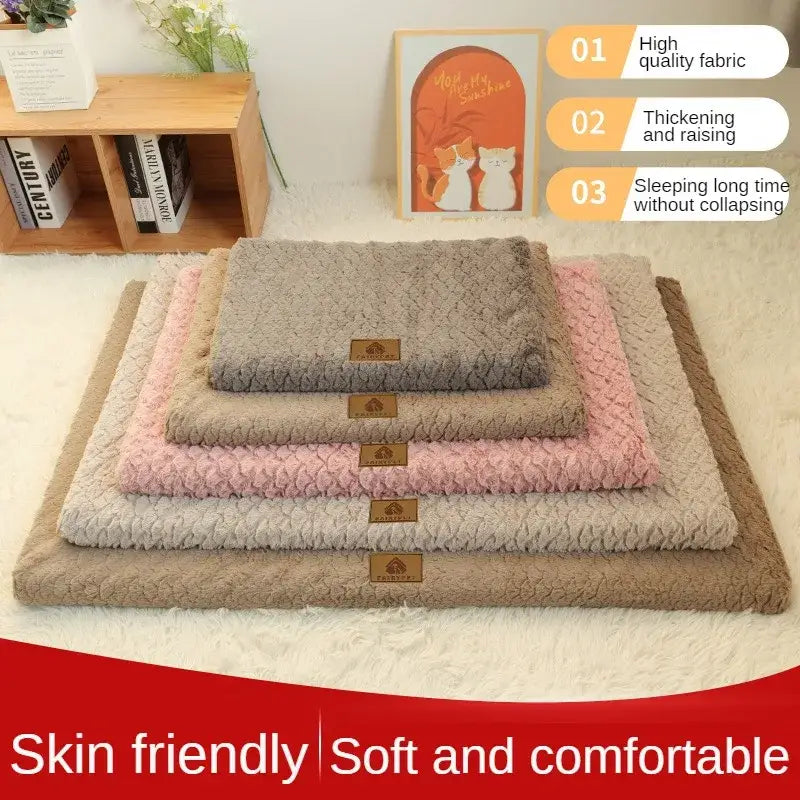 Fluffy pet bed in various neutral and pastel colors stacked to show different sizes.