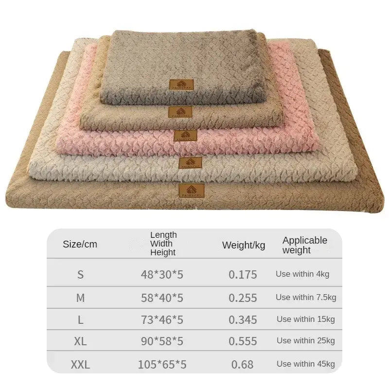 Stack of plush pet beds in various neutral and pastel colors.