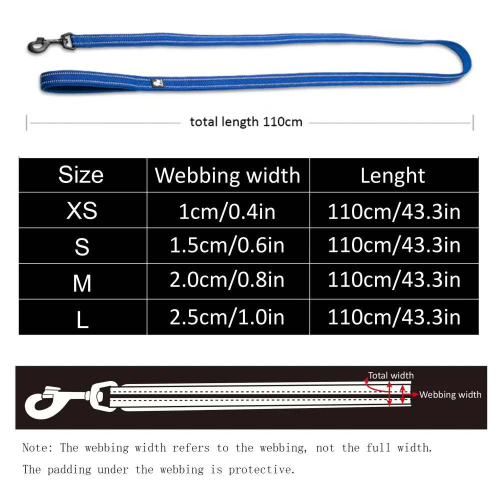 Blue nylon dog leash with size chart and measurement details.