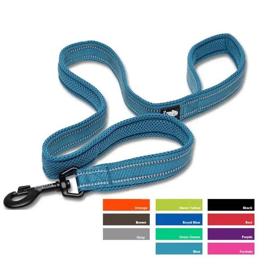 Blue woven dog leash with a metal clip and color swatches below.