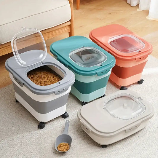 Set of colorful plastic pet food storage containers with wheels and transparent lids.