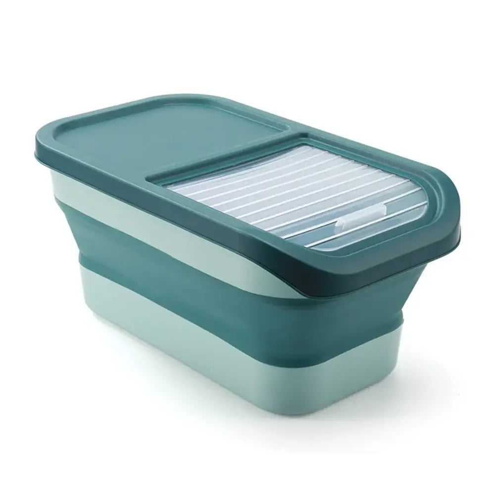 Teal plastic storage container with a ridged lid and collapsible design.