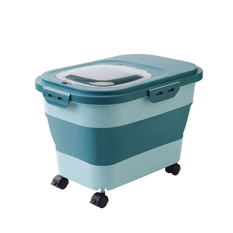 Wheeled storage container with a lid and two-tone teal coloring.