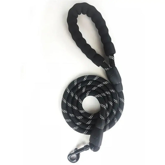 Black and gray braided dog leash with a padded handle and metal clip.