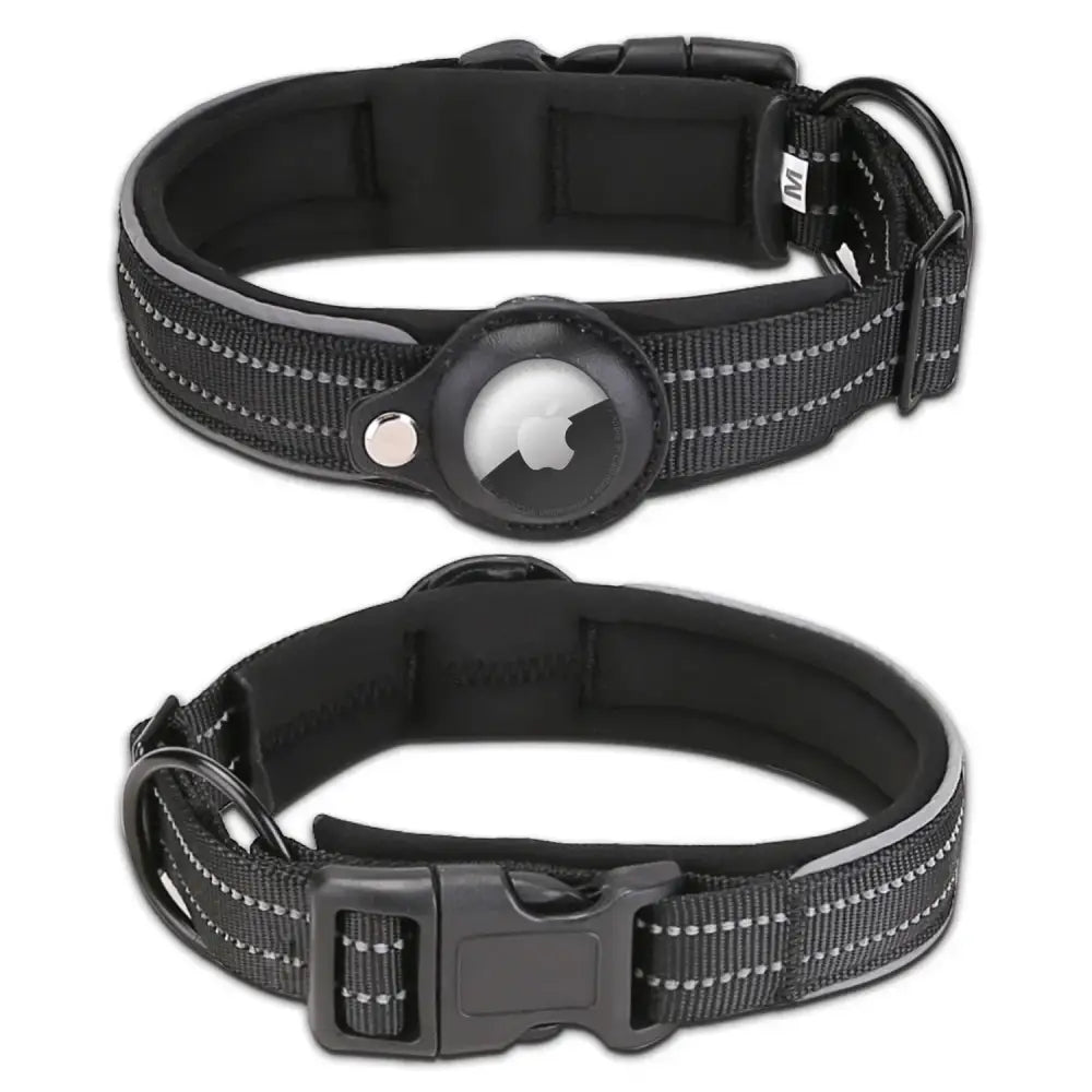 Black dog collar with reflective stitching and a circular tag or attachment.