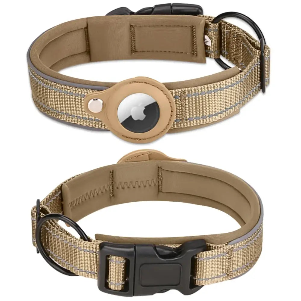 Dog collar with an attached Apple AirTag holder in a beige and gold color scheme.