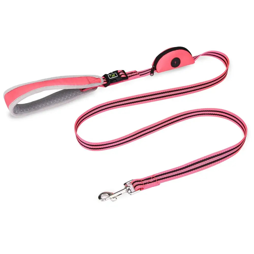 Pink and gray dog leash with a padded handle and metal clip.