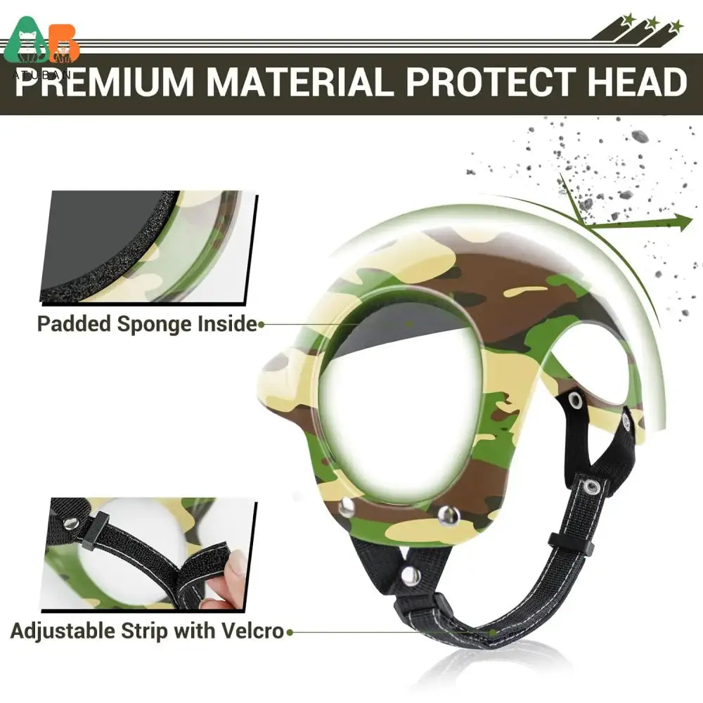 Camouflage-patterned protective headgear with padded interior and adjustable strap.