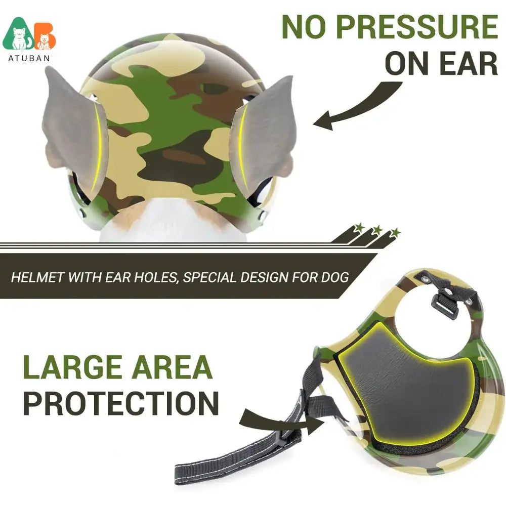 Camouflage-patterned protective helmet designed for dogs with ear holes and large coverage area.