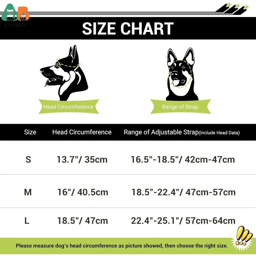 Size chart for dog muzzles featuring illustrations of two dog breeds.