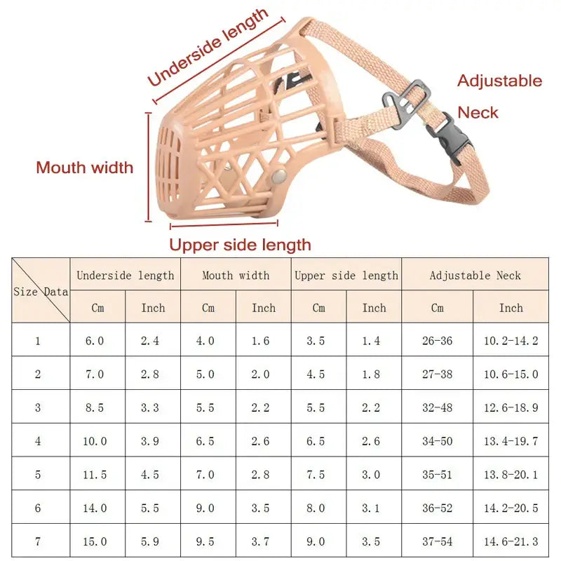 Dog muzzle with sizing chart showing different measurements and adjustable features.