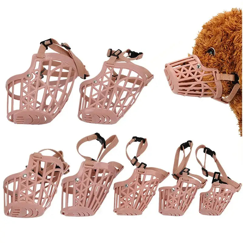 Dog muzzles in various sizes, made of pink plastic with a basket-like design.