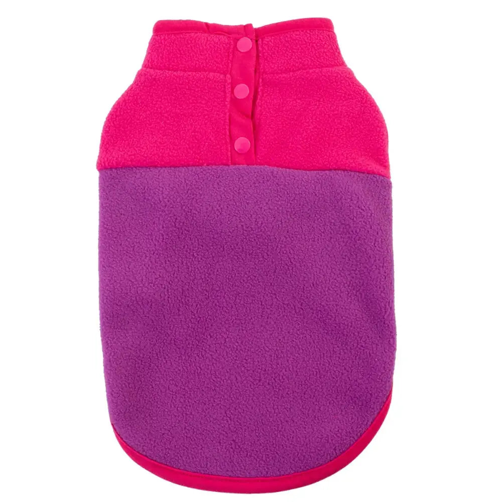 Bright pink and purple fleece dog vest with buttons.