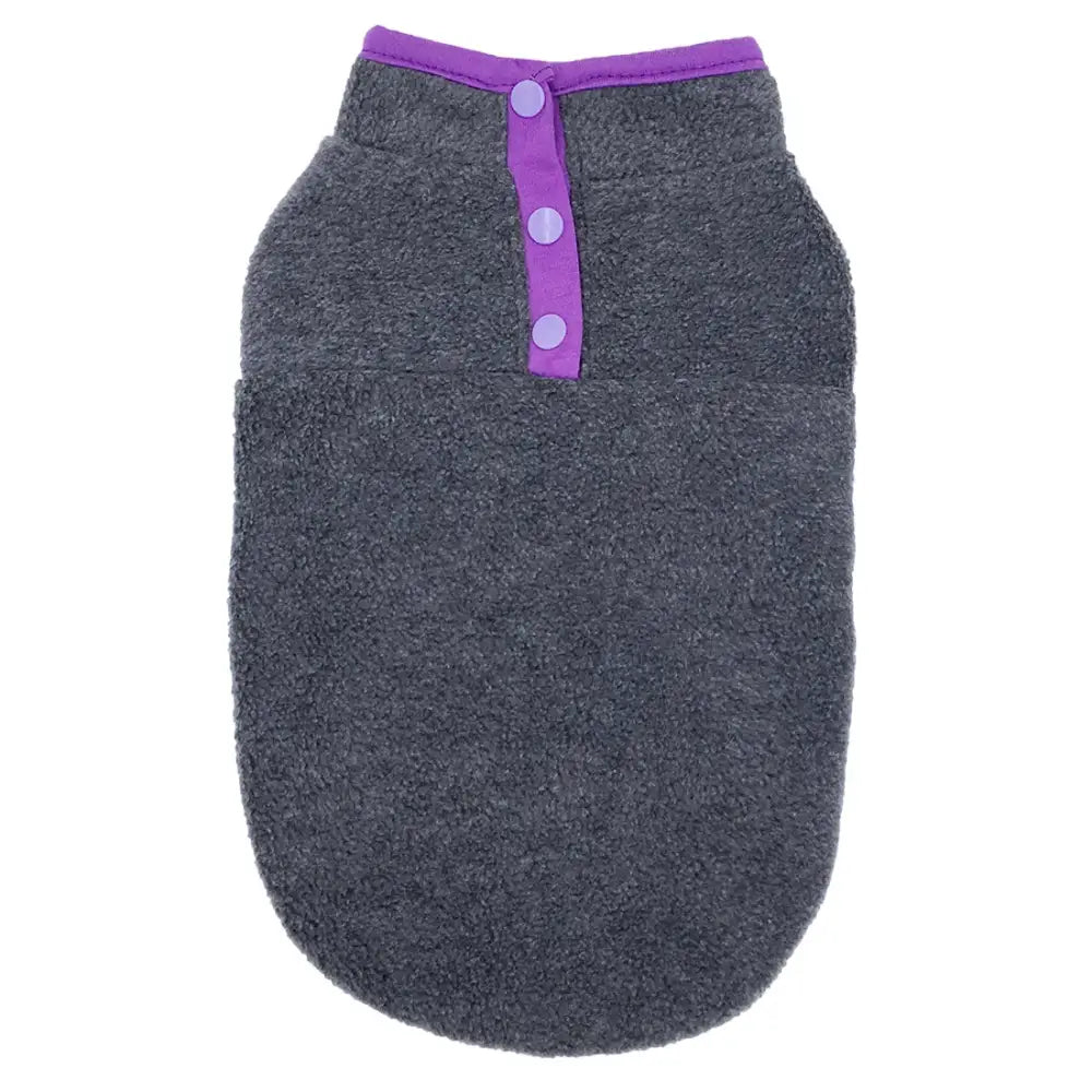 Gray fleece dog sweater with purple trim and buttons.