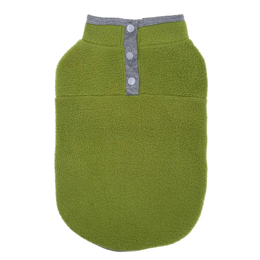 Green fleece dog jacket with gray trim and snap buttons.