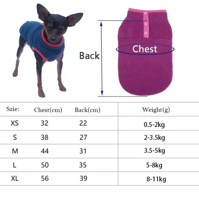 Size chart for dog clothing with measurements for different sizes from XS to XL.