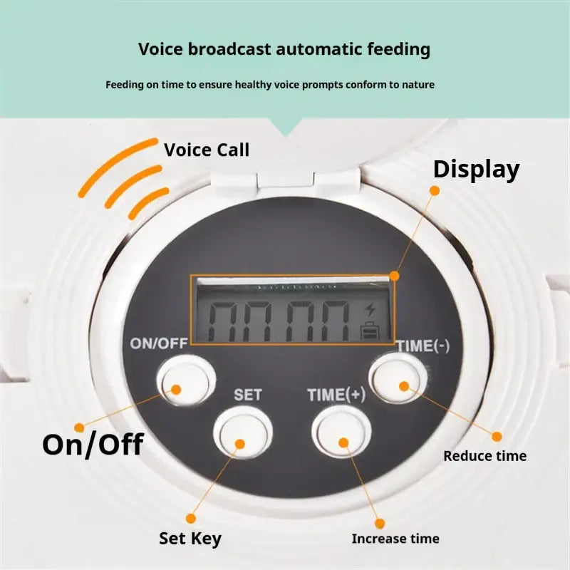 Digital timer display with buttons for automatic feeding control.