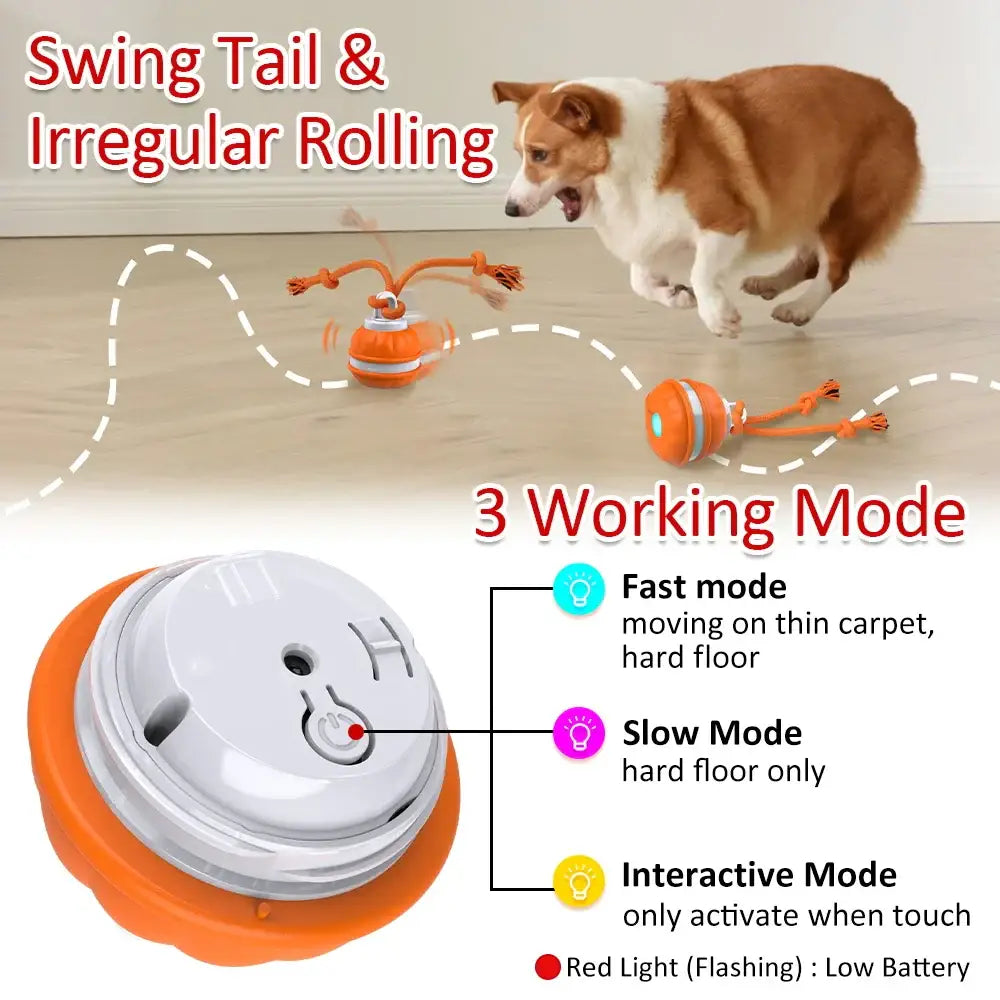 Interactive pet toy with an orange base and rotating mechanism for cats or dogs to chase.