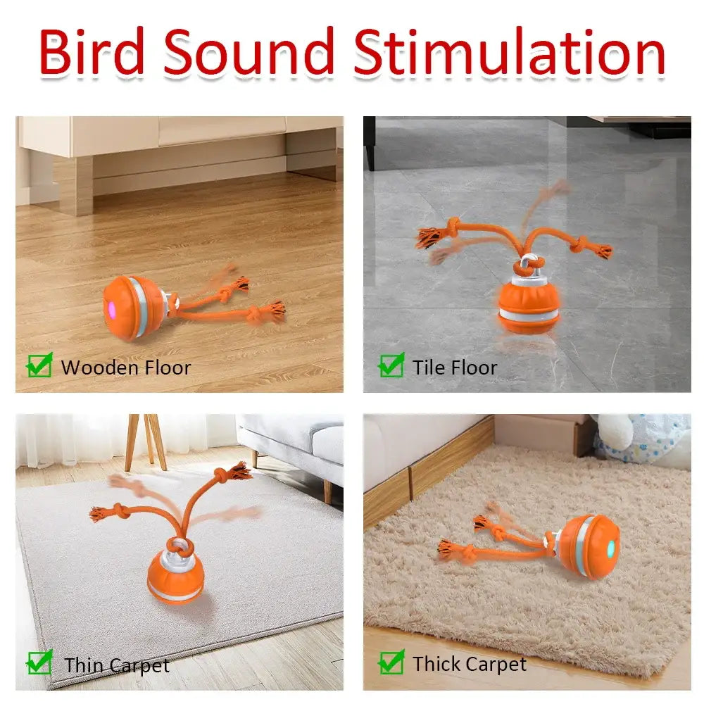 Orange and white ball-shaped toy with flexible arms designed to stimulate bird sounds on various floor surfaces.