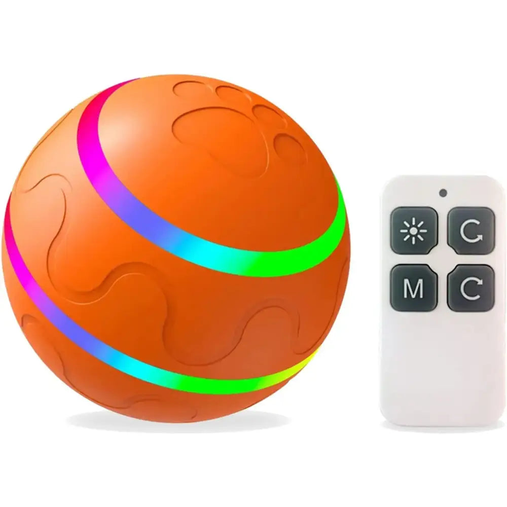 Colorful orange sphere with vibrant rainbow-hued stripes, accompanied by a white remote control.