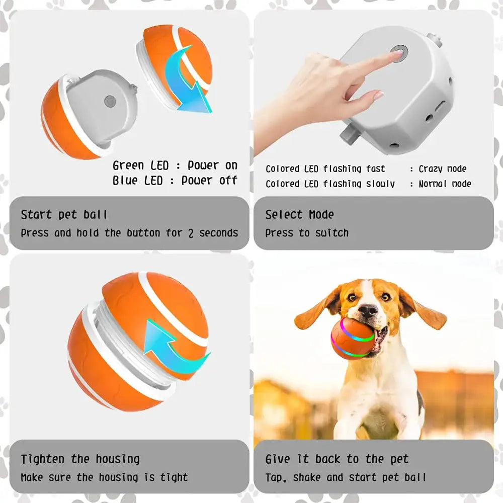 Interactive pet ball toy with LED lights and multiple play modes.