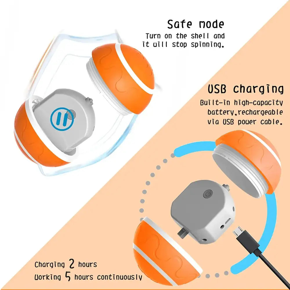 Spherical orange and white electronic device with a USB charging port and safe mode feature.