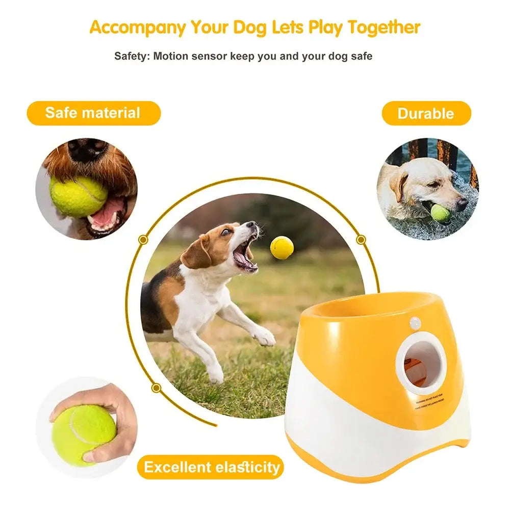 Automatic tennis ball launcher for dogs with a yellow and white design.