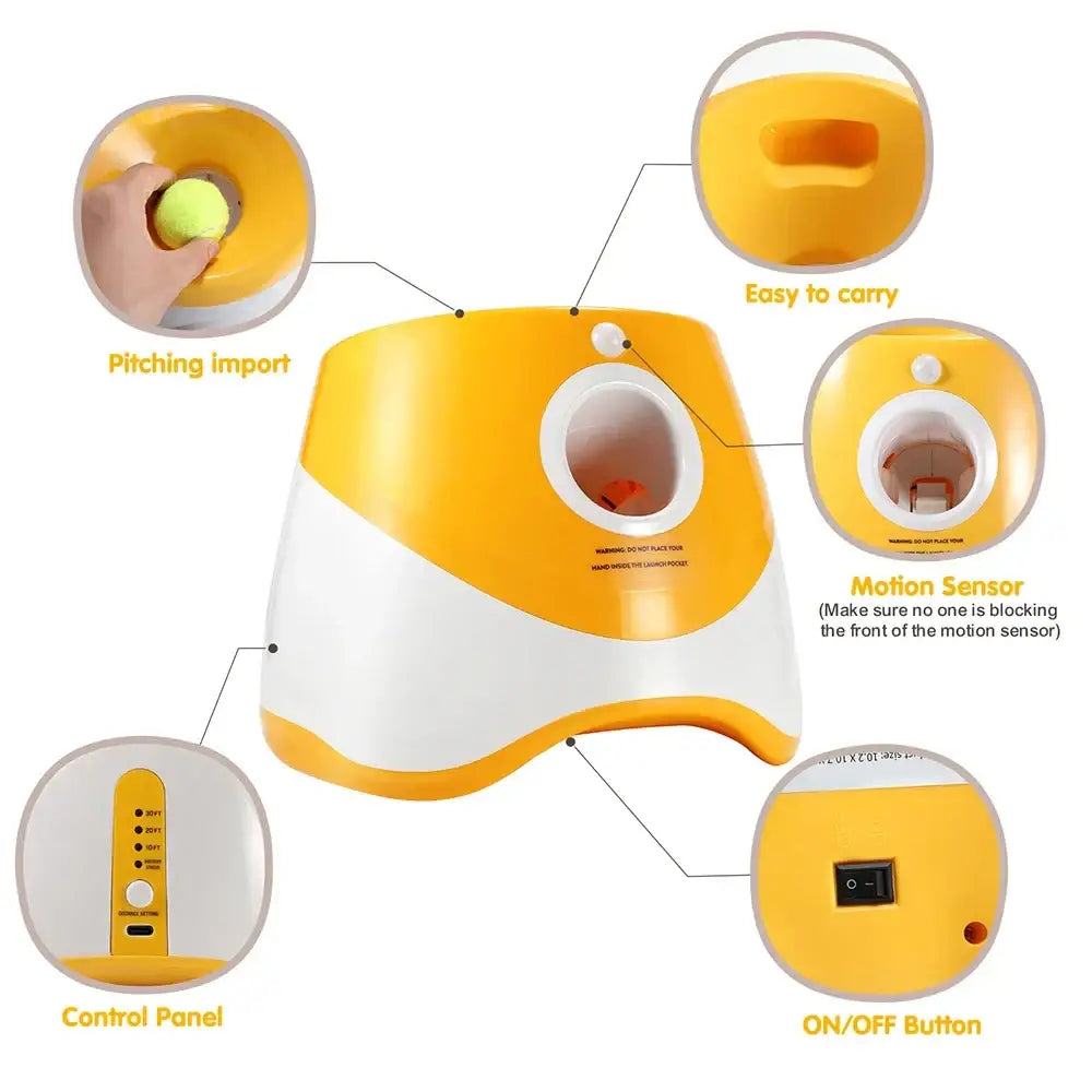 Automatic tennis ball launcher with labeled features and components.