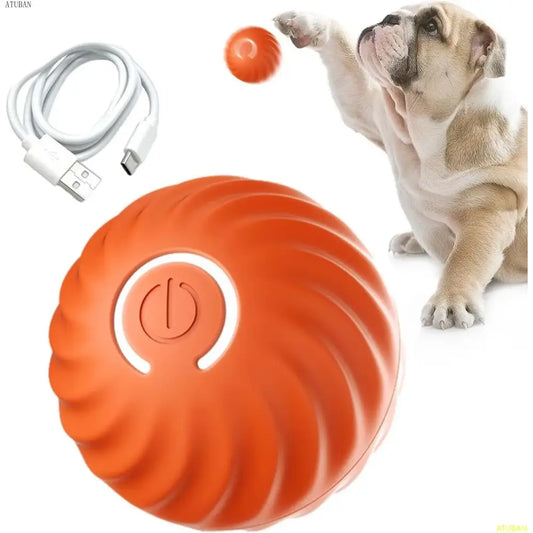 Orange spherical interactive dog toy with a spiral pattern and power button.