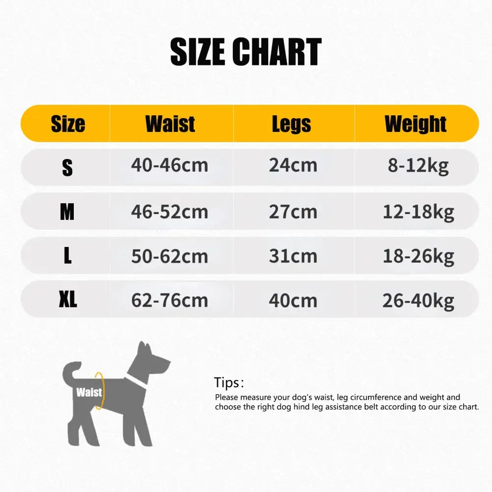 Size chart for dog clothing or accessories with measurements for waist, legs, and weight across different sizes.