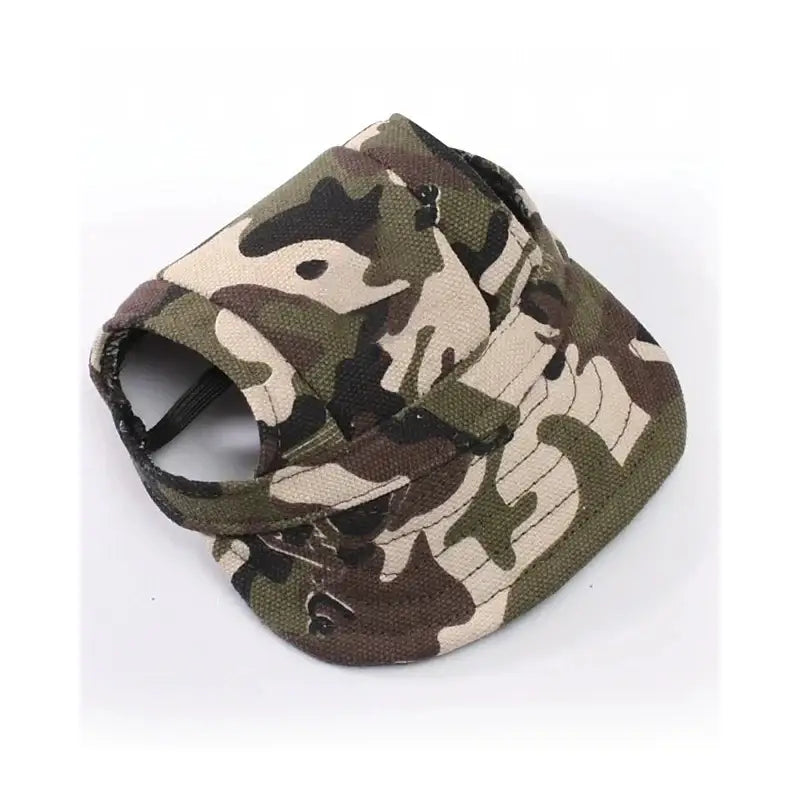 Camouflage-patterned baseball cap for dogs.