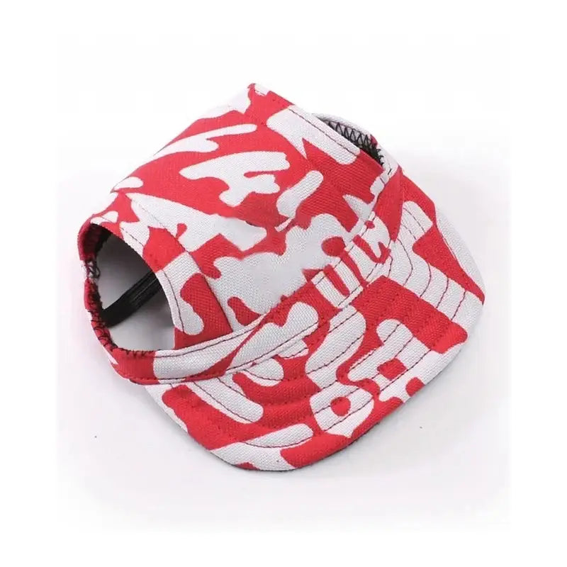 Red and white camouflage-patterned baseball cap for dogs.