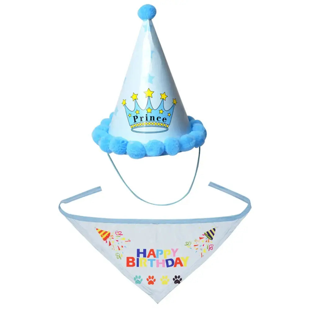 Birthday party set consisting of a blue and white cone-shaped ’Prince’ hat and a matching ’Happy Birthday’ bandana.