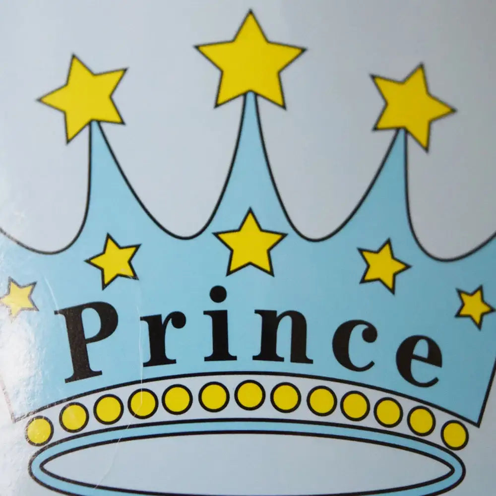 Light blue crown with yellow stars and the word ’Prince’ written on it.