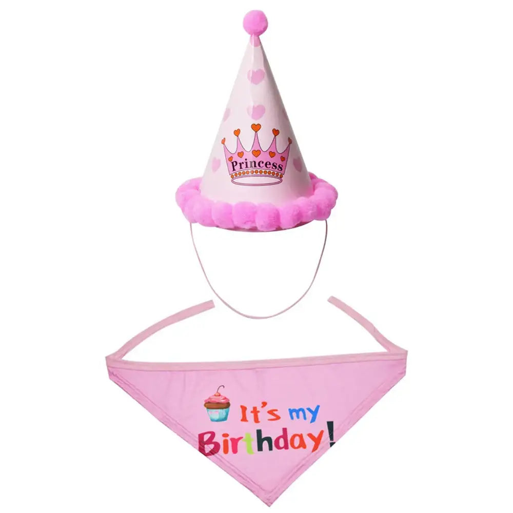 Pink princess-themed birthday party hat and matching bandana set for a child.