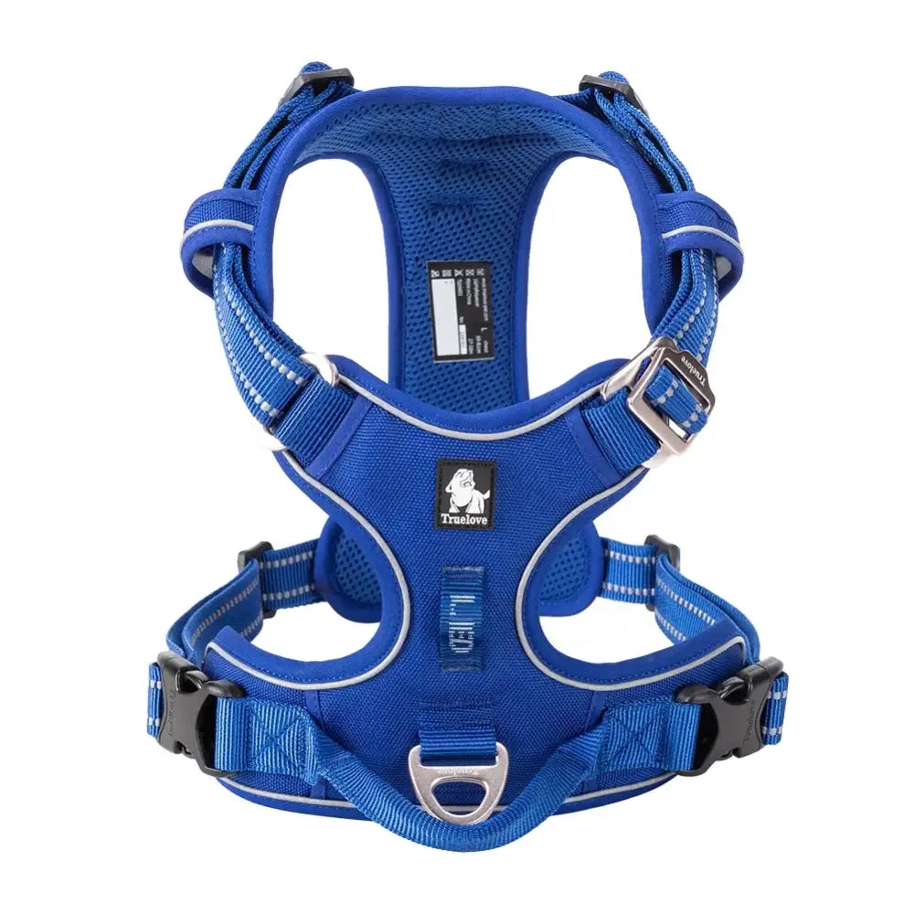 Blue dog harness with adjustable straps and metal buckles.