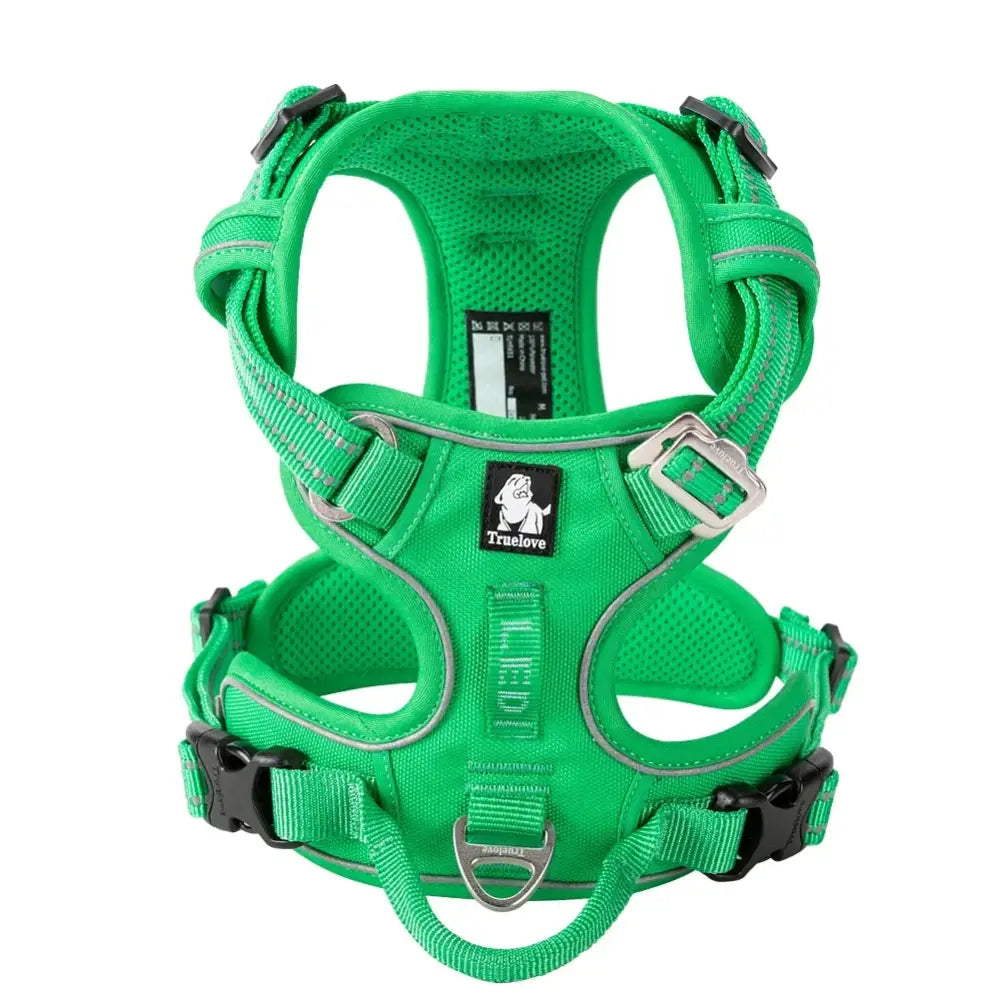 Bright green dog harness with adjustable straps and metal hardware.