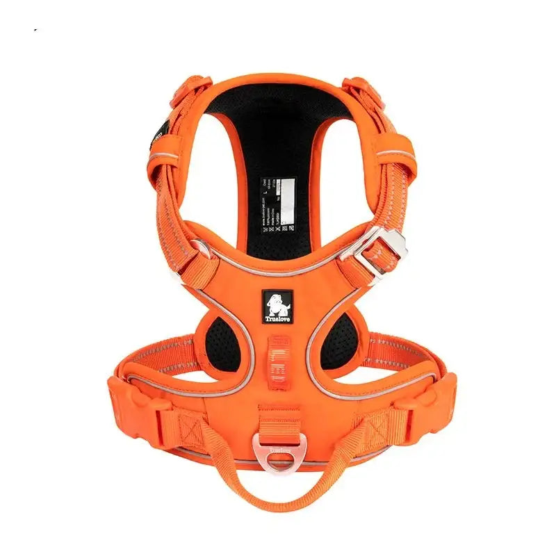 Bright orange dog harness with adjustable straps and reflective trim.