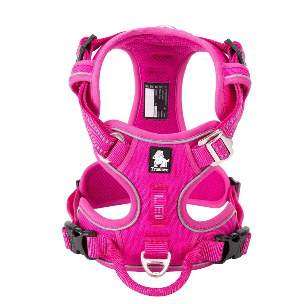 Bright pink dog harness with adjustable straps and metal buckles.