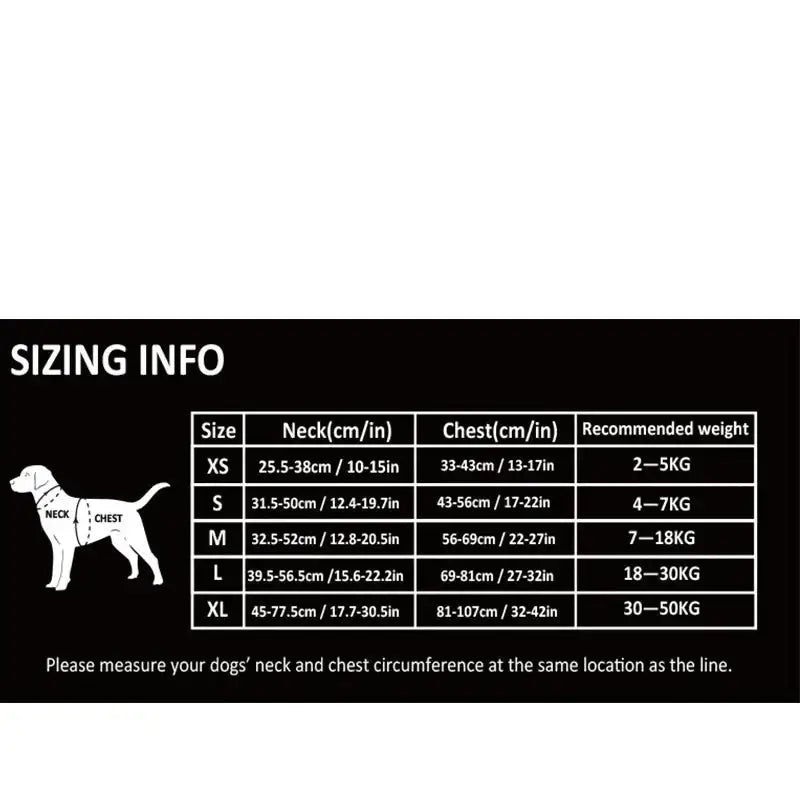 Sizing chart for dog clothing or accessories with measurements and weight recommendations.