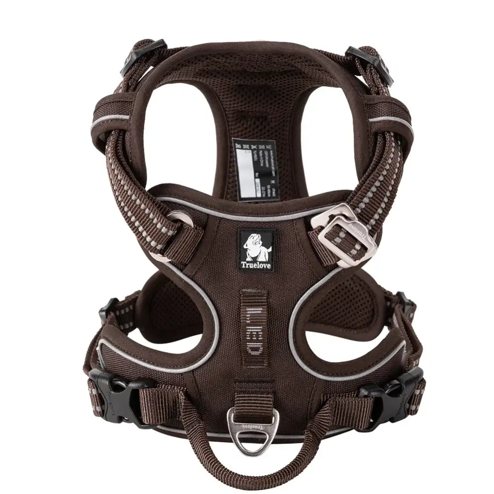 Dog harness with adjustable straps and reflective trim.