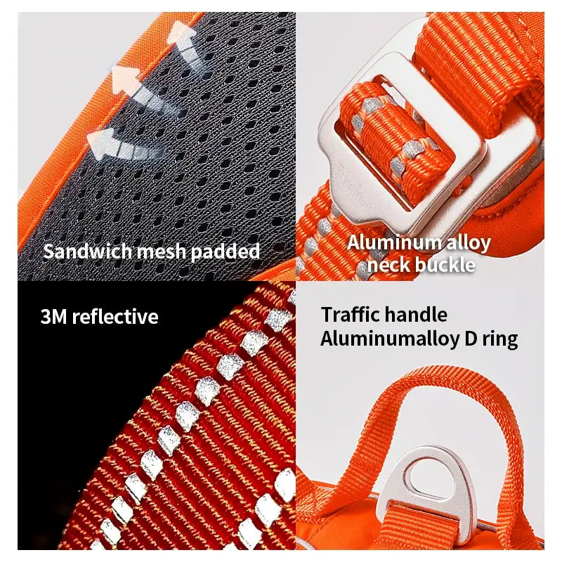 Dog harness with reflective strips, mesh padding, and aluminum buckles.