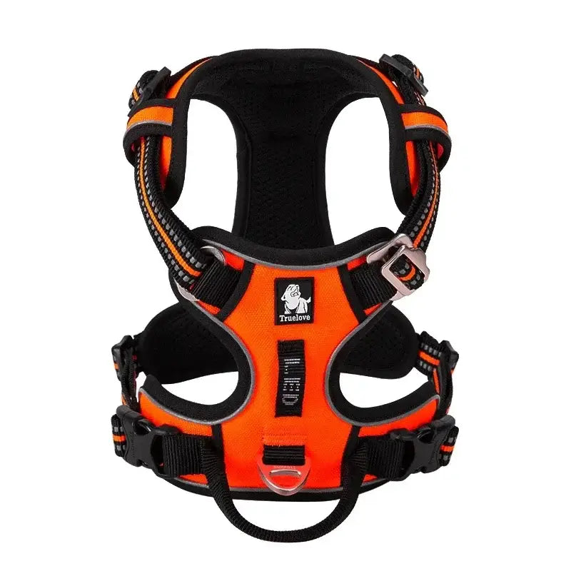 Orange and black adjustable dog harness with multiple straps and buckles.